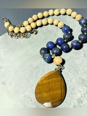 Mala Necklace Genuine Lapis Lazuli & Sandalwood Beads Big Tigers Eye Pendant
